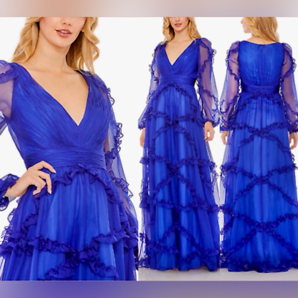 Mac Duggal Dresses & Skirts - Mac Duggal 68223 Blue Cascade Ruffle Puff Sleeve A Line Gown Sz 8